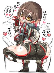 Rule 34 | 1girl, android, ass, black-framed eyewear, blush, breasts, brown eyes, brown hair, butt crack, commentary request, fellatio gesture, glasses, gloves, grin, hair between eyes, heart, heavy breathing, hololive, jacket, kanikama, large breasts, looking at viewer, looking back, mechanical legs, red gloves, roboco-san, roboco-san (1st costume), shiny skin, short hair, simple background, smile, solo, speech bubble, spoken heart, squatting, sweat, teeth, translation request, virtual youtuber, white background, yellow eyes