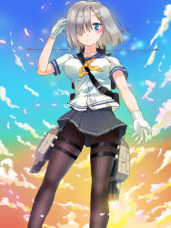 Rule 34 | 10s, 1girl, between breasts, black pantyhose, blue eyes, blush, breasts, cloud, gloves, hair ornament, hair over one eye, hairclip, hamakaze (kancolle), highres, impossible clothes, kantai collection, large breasts, looking at viewer, pantyhose, school uniform, serafuku, short hair, silver hair, skirt, smile, solo, strap between breasts, torpedo, white gloves, yamashina metal