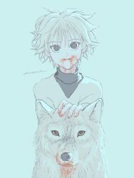 Rule 34 | 1boy, animal, blood, blood from mouth, blood on hands, child, expressionless, hair between eyes, highres, hunter x hunter, kaze no, killua zoldyck, looking at viewer, male focus, shirt, short hair, signature, simple background, solo, upper body, white background, white hair, white shirt, wolf