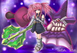 Rule 34 | 00s, 1girl, axe, blue eyes, boots, elbow gloves, gloves, knee boots, pink hair, presea combatir, solo, tales of (series), tales of symphonia, twintails, warrior, weapon