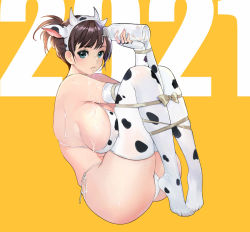 Rule 34 | 2021, animal ears, animal print, bikini, blush, bobobong, bottle, bow, breasts, brown hair, covered erect nipples, cow ears, cow horns, cow print, dripping, elbow gloves, fake animal ears, fake horns, fingerless gloves, fingernails, gloves, green eyes, holding, holding bottle, horns, large breasts, light blush, looking at viewer, medium hair, milk, milk bottle, nail polish, original, parted lips, pink nails, ponytail, simple background, solo, swimsuit, thighhighs, yellow background