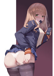 Rule 34 | 1girl, absurdres, ass, black pantyhose, blonde hair, blue skirt, blush, clothes pull, condom, condom in mouth, condom wrapper, etoile, green eyes, gridman universe, highres, looking at viewer, looking back, medium hair, minami yume, mouth hold, panties, pantyhose, pantyhose pull, presenting, purple background, shadow, simple background, skirt, solo, spread ass, ssss.dynazenon, standing, sweat, thighs, two-tone background, underwear, uniform, white background, white panties