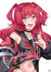 Rule 34 | absurdres, armpits, bare shoulders, choker, crop top, delinquent, fang, hair ornament, hairclip, highres, jacket, jewelry, myholo tv, navel, necklace, off shoulder, open clothes, open jacket, pointing, pointing up, red hair, stomach, two side up, virtual youtuber, woozie wannai, zikryzero