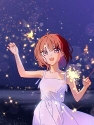 Rule 34 | 1girl, arima kana, bare arms, bob cut, dress, fireworks, happy, highres, holding, holding fireworks, inverted bob, night, night sky, open mouth, oshi no ko, red eyes, red hair, short hair, simple background, sky, smile, solo, upper body, white dress, xiang yu pai