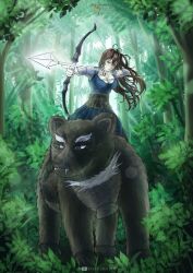 1girl archery arrow_(projectile) bear blue_dress boo_(tbate) bow brown_hair closed_mouth dress eleanor_leywin jungle long_hair looking_at_viewer nature pointing serious the_beginning_after_the_end tree very_long_hair yellow_eyes