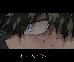 Rule 34 | 1boy, blue eyes, boku no hero academia, close-up, commentary request, eye focus, freckles, gaagyeo, green hair, highres, korean commentary, letterboxed, male focus, midoriya izuku, solo, translated