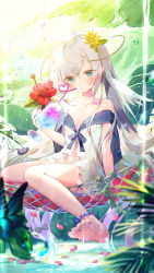 Rule 34 | 1girl, anklet, awae iroha, bare shoulders, bug, butterfly, collarbone, cup, drinking glass, feet, flower, green eyes, hair flower, hair ornament, hammock, hibiscus, highres, holding, hurricane glass, ibara riato, insect, jewelry, liver city, long hair, looking at viewer, off shoulder, open clothes, open shirt, shirt, silver hair, sitting, solo, tropical drink, very long hair, wet, white shirt