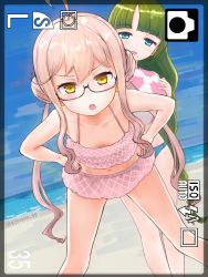 Rule 34 | 10s, 2girls, :o, ahoge, alternate costume, ball, beach, beachball, bikini, blue bikini, blue eyes, blue sky, blush, braid, cloud, collarbone, day, double bun, glasses, green hair, gymno, hair bun, hands on own hips, head tilt, kantai collection, leaning forward, long hair, looking at viewer, makigumo (kancolle), mole, mole under mouth, multiple girls, navel, open mouth, outdoors, pink bikini, pink hair, sand, sky, swimsuit, twintails, twitter username, very long hair, viewfinder, water, yellow eyes, yuugumo (kancolle)