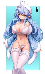 Rule 34 | 1girl, ahoge, blue hair, blush, breasts, cleavage, elf, flower, half updo, hat, heart, heart ahoge, highres, hololive, huge breasts, long hair, looking at viewer, multicolored hair, narrow waist, navel, notte, pointy ears, smile, snowflake print, solo, streaked hair, sweater, thick thighs, thighs, underwear, virtual youtuber, yellow eyes, yukihana lamy