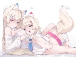 Rule 34 | 2girls, animal ear fluff, animal ears, artist name, belt, blonde hair, blue belt, blue eyes, breasts, closed mouth, commentary, crop top, dog ears, dog tail, dress, english commentary, face to breasts, from side, fuwawa abyssgard, fuwawa abyssgard (1st costume), hair intakes, hair ornament, hairclip, heart, heart hands, heart hands duo, hololive, hololive english, long hair, long sleeves, looking at viewer, looking to the side, lying, medium breasts, mococo abyssgard, mococo abyssgard (1st costume), multiple girls, namiorii, off-shoulder dress, off shoulder, on stomach, open mouth, pink belt, pink eyes, reclining, short hair, shorts, siblings, simple background, single bare shoulder, sisters, sleeveless, smile, tail, twins, virtual youtuber, white background, white dress, white shorts, x hair ornament
