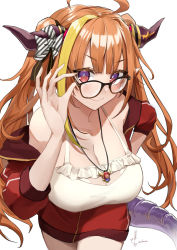 Rule 34 | 1girl, absurdres, adjusting eyewear, ahoge, arm up, artist name, bare shoulders, black-framed eyewear, black ribbon, blonde hair, blunt bangs, bow, breasts, bright pupils, camisole, cleavage, collarbone, commentary, commentary request, cowboy shot, diagonal-striped bow, dragon girl, dragon horns, dragon tail, english commentary, frilled camisole, frills, glasses, hair intakes, hair ribbon, highres, hololive, horn bow, horn ornament, horns, jacket, jewelry, kiryu coco, kiryu coco (loungewear), kito koruta, large breasts, light blush, long hair, looking at viewer, mixed-language commentary, multicolored eyes, multicolored hair, off shoulder, official alternate costume, open clothes, open jacket, orange hair, partially unzipped, pendant, pointy ears, purple eyes, red eyes, red jacket, ribbon, scales, see-through, signature, simple background, slit pupils, smile, solo, spaghetti strap, streaked hair, striped, striped bow, tail, track jacket, twintails, virtual youtuber, white background, white camisole, white pupils, zipper