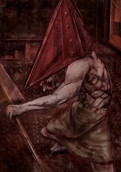 Rule 34 | 1boy, abs, gloves, helmet, holding, male focus, monster boy, muscular, muscular male, no humans, pectorals, pyramid head, silent hill (series), silent hill 2, solo, stairs, sword, topless male, weapon