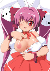 Rule 34 | 1girl, animal ears, bare shoulders, blush, bow, bowtie, breast slip, breasts, choker, clothes pull, di gi charat, dice, dress, elf k, hair ornament, hair ribbon, large breasts, long hair, nipples, one breast out, one eye closed, pink hair, rabbit ears, red eyes, ribbon, smile, solo, twintails, usada hikaru, very long hair, wink
