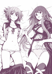 Rule 34 | &gt;:(, 2girls, bad id, bad pixiv id, black legwear, blush, bracelet, clothes pull, collarbone, cross-laced clothes, frown, groin, hijiri byakuren, holding hands, interlocked fingers, jewelry, looking at viewer, lying, monochrome, multiple girls, navel, no bra, on back, on bed, one breast out, open mouth, skirt, skirt pull, sweat, takemori shintarou, thighhighs, touhou, toyosatomimi no miko, tsurime, v-shaped eyebrows