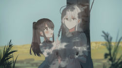 Rule 34 | 2girls, against tree, aged down, ahoge, bare arms, bare shoulders, black hair, blue sky, blurry, blush, braid, braiding hair, brown eyes, chihuri, closed mouth, collarbone, day, depth of field, dress, dress shirt, expressionless, grass, grey eyes, grey hair, hair between eyes, hairdressing, hand on own knee, hands up, high ponytail, highres, holding, jitome, knee up, long hair, looking at another, multiple girls, open mouth, original, outdoors, shade, shirt, short sleeves, sidelocks, sideways mouth, sitting, sketch, sky, sleeveless, sleeveless dress, smile, spaghetti strap, tareme, tree, upper body, very long hair, white shirt, wing collar, yana (chihuri), zoya petrovna vecheslova