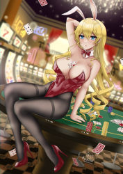 Rule 34 | 1girl, alternate hairstyle, arm behind head, artist name, bare arms, bare shoulders, between breasts, black pantyhose, blonde hair, blue eyes, blurry, blurry background, bokeh, bow, bowtie, breasts, casino, casino card table, chips (food), claire harvey, cleavage, commentary, commission, covered erect nipples, curly hair, depth of field, detached collar, earrings, english commentary, eyelashes, food, full body, hair between eyes, hair ornament, hair ribbon, high heels, highleg, highleg leotard, highres, hundred (light novel), indoors, jewelry, large breasts, legs, leotard, long hair, nail polish, pantyhose, parted lips, patent heels, playboy bunny, poker chip, pumps, red bow, red bowtie, red footwear, red leotard, red nails, ribbon, ryuuneart, shadow, shoes, sitting, slot machine, solo, spread legs, stiletto heels, strapless, strapless leotard, table, thighs, traditional bowtie