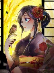 Rule 34 | 1girl, alternate costume, bird, bird on hand, blue eyes, cherry blossoms, closed mouth, commentary request, detached sleeves, eyeliner, eyepatch, floral print, flower, hair bun, hair flower, hair ornament, hand up, highres, japanese clothes, kimono, long hair, long sleeves, looking at animal, makeup, obi, obijime, one eye covered, purple eyes, purple kimono, red lips, sash, shokudaikiri mitsutada (tenka hyakken), shouji, single hair bun, sliding doors, smile, solo, tassel, tenka hyakken, uminawa, wide sleeves, yellow background