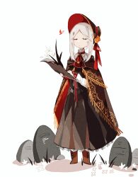 Rule 34 | 1girl, aislan, ascot, black dress, bloodborne, boots, brown cape, brown footwear, cape, closed eyes, closed mouth, dress, gold trim, highres, plain doll, red ascot, simple background, solo, tombstone, white background, white hair