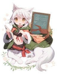 Rule 34 | 1girl, animal ear fluff, animal ears, bandeau, black bandeau, black skirt, blush, breasts, centauroid, chalkboard, cloneko (zelmeledf2), coat, commentary request, commission, full body, green coat, hair ornament, hairclip, highres, holding, holding stone tablet, hood, hood down, hooded coat, looking at viewer, midriff, navel, open mouth, original, paw print, paw print background, pawpads, red ribbon, ribbon, short hair, sidelocks, sitting, skeb commission, skirt, small breasts, solo, stone tablet, tail, taur, twitter username, white fur, white hair, wolf ears, wolf tail, yellow eyes