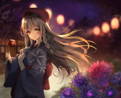 Rule 34 | 1girl, absurdres, beret, blurry, blush, braid, breasts, candy apple, depth of field, eyes visible through hair, festival, floating hair, flower, food, g36c (girls&#039; frontline), g36c (ode to summer) (girls&#039; frontline), girls&#039; frontline, hair over one eye, hat, highres, holding, holding food, japanese clothes, kimono, lantern, large breasts, light, long hair, looking at viewer, night, obi, official alternate costume, outdoors, red eyes, rinu99, sash, side braid, sidelocks, silver hair, smile, solo, tree, very long hair, yukata