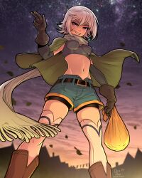 Rule 34 | 1girl, absurdres, artist name, belt, boots, bra, breasts, brown footwear, brown gloves, cape, chris (konosuba), clenched teeth, detached sleeves, evening, facial scar, from below, gloves, green cape, grey bra, grey hair, grey sleeves, hand up, highres, holding, holding sack, kluverdesigns, kono subarashii sekai ni shukufuku wo!, looking at viewer, midriff, navel, night, night sky, purple eyes, sack, scar, scar on cheek, scar on face, scarf, short hair, shorts under shorts, sky, skyline, small breasts, smile, solo, standing, star (sky), starry sky, teeth, thighhighs, twitter username, underwear, white scarf, white thighhighs, zettai ryouiki