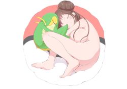 Rule 34 | 1girl, alternate breast size, ass, barefoot, breasts, brown hair, closed eyes, commentary request, creatures (company), face-to-face, from above, full body, game freak, gen 5 pokemon, large breasts, long hair, lying, nintendo, nude, on side, pokemon, pokemon (creature), pokemon bw2, rosa (pokemon), simple background, sleeping, snivy, soles, toes, tottotonero, white background