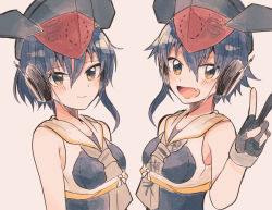 Rule 34 | 10s, 2girls, asymmetrical hair, black hair, black one-piece swimsuit, brown eyes, fang, framed breasts, gloves, hair between eyes, hat, headphones, i-13 (kancolle), i-14 (kancolle), itomugi-kun, kantai collection, looking at viewer, multiple girls, neckerchief, one-piece swimsuit, partially fingerless gloves, sailor collar, school swimsuit, short hair, siblings, single glove, sisters, smile, swimsuit, upper body, v
