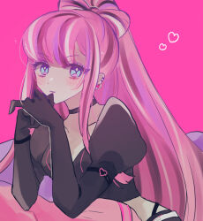 Rule 34 | 1girl, black gloves, blue eyes, bow, breasts, cleavage, cookie run, crop top, earrings, gloves, hair bow, heart, humanization, jewelry, long hair, looking at viewer, mamimumemo, multicolored hair, pink background, pink hair, shining glitter cookie, simple background, small breasts, smile, solo, sparkle, streaked hair, upper body