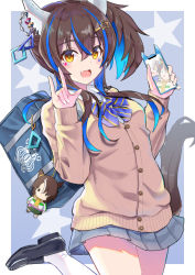 Rule 34 | 1girl, \m/, animal ears, bag, black footwear, blue bow, blue bowtie, blue hair, blush, bow, bowtie, breasts, brown hair, cardigan, cellphone, character doll, colored inner hair, cowboy shot, daitaku helios (umamusume), ear covers, fang, grey skirt, hands up, highres, holding, holding phone, horse ears, horse girl, horse tail, leg up, loafers, long hair, long sleeves, looking at viewer, mejiro palmer (umamusume), miniskirt, multicolored hair, open mouth, phone, school bag, shirt, shoes, side ponytail, skin fang, skirt, small breasts, smartphone, smile, socks, solo, star (symbol), streaked hair, striped, striped bow, tail, two-tone hair, ugura (ugurax), umamusume, white shirt, white socks, yellow eyes