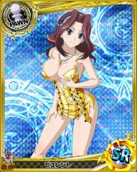 Rule 34 | 10s, 1girl, apron, artist request, blue eyes, breasts, brown hair, burent, card (medium), character name, chess piece, cleavage, high school dxd, jpeg artifacts, long hair, official art, pawn (chess), solo, torn clothes, trading card