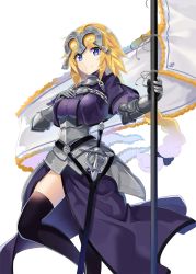 Rule 34 | 1girl, armor, armored dress, blonde hair, blue eyes, braid, capelet, cowboy shot, dress, falken (yutozin), fate/apocrypha, fate (series), faulds, flag, gauntlets, headpiece, highres, jeanne d&#039;arc (fate), jeanne d&#039;arc (ruler) (fate), long hair, looking at viewer, simple background, solo, standard bearer, sword, thighhighs, weapon, white background