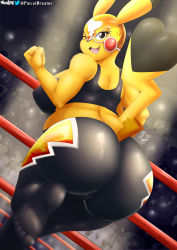 Rule 34 | 1girl, ass, back, bare shoulders, breasts, cameltoe, cleft of venus, creatures (company), crop top, crowd, from behind, furry, furry female, game freak, gen 1 pokemon, highres, huge ass, indoors, large breasts, leg up, leggings, looking back, luchador mask, midriff, nintendo, no humans, one eye closed, open mouth, pikachu, plump, pokemon, pokemon (creature), shiny clothes, smile, soles, solo, tail, viejillox, wink