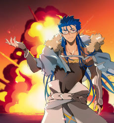 Rule 34 | 1boy, belt, bespectacled, blue hair, bracelet, capelet, closed mouth, cu chulainn (fate), cu chulainn (caster) (fate), earrings, elbow gloves, explosion, fate/grand order, fate (series), fingerless gloves, fur-trimmed hood, fur trim, glasses, gloves, highres, hood, hood down, hooded capelet, jewelry, cu chulainn (fate/stay night), long hair, male focus, multiple piercings, one eye closed, red eyes, smile, solo, spiked hair, tank top, vambraces, yukota 2631