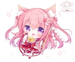 Rule 34 | 1girl, :3, :d, animal ear fluff, animal ears, bell, blush, bow, chibi, commentary request, fang, flower, full body, fuxiyu, gohei, hair between eyes, hair flower, hair ornament, holding, japanese clothes, jingle bell, kimono, kneehighs, long hair, long sleeves, miko, open mouth, original, pink hair, pleated skirt, purple eyes, red bow, red flower, red footwear, red skirt, ribbon-trimmed legwear, ribbon-trimmed sleeves, ribbon trim, sandals, signature, simple background, skirt, sleeves past fingers, sleeves past wrists, smile, socks, solo, two side up, very long hair, white background, white flower, white kimono, white socks, wide sleeves, zouri