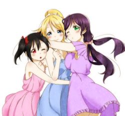 Rule 34 | 3girls, asymmetrical docking, ayase eli, black hair, blonde hair, blue dress, blue eyes, blush, bow, breast press, breasts, cleavage, collarbone, dress, floating hair, green eyes, hair between eyes, hair bow, hair ornament, hair scrunchie, high ponytail, hug, large breasts, long hair, looking at viewer, love live!, love live! school idol festival, love live! school idol project, medium breasts, multiple girls, one eye closed, pink dress, purple dress, purple hair, red bow, red eyes, scrunchie, shigure (sigre), simple background, sleeveless, sleeveless dress, smile, standing, tojo nozomi, twintails, white background, yazawa nico