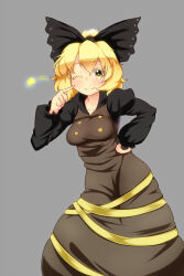 Rule 34 | 1girl, black bow, black shirt, blonde hair, blush, bow, breasts, brown dress, buttons, closed mouth, commentary request, dress, feet out of frame, grey background, hair bow, hair bun, hand on own hip, highres, kurodani yamame, long dress, long sleeves, looking at viewer, medium breasts, medium hair, one eye closed, pinafore dress, ribbon, shirt, simple background, sleeveless dress, smile, solo, star (symbol), touhou, yellow eyes, yellow ribbon, yocchi (tenyunkel)