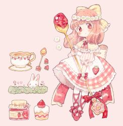 Rule 34 | 1girl, :o, apron, back bow, ballet slippers, blush stickers, bow, brown hair, cake, capelet, collared capelet, commentary, cup, eyelashes, flower, flower brooch, food, footwear bow, frilled bow, frilled capelet, frilled sleeves, frills, fruit, full body, hair bow, head wreath, high collar, highres, holding, holding spoon, jam, jar, lace, lace-trimmed skirt, lace trim, leg ribbon, looking at viewer, medium hair, miniskirt, mokarooru, neckerchief, original, oversized object, parted lips, pink background, pink bow, pink neckerchief, pink sleeves, plaid, plaid skirt, rabbit, red bow, red eyes, red footwear, red ribbon, red skirt, ribbon, ribbon-trimmed apron, ribbon-trimmed bow, ribbon-trimmed capelet, ribbon trim, sauce, simple background, skirt, sleeves past elbows, solo, spoon, strawberry, strawberry shortcake, symbol-only commentary, teacup, two-tone sleeves, vertical-striped sleeves, white apron, white bow, white flower, white sleeves, wrist bow, yellow bow, yellow capelet
