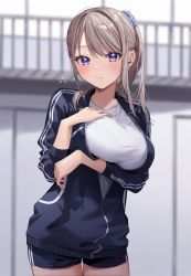 Rule 34 | 1girl, arm under breasts, blush, breasts, chigusa minori, closed mouth, commentary request, corrupted twitter file, cowboy shot, flying sweatdrops, gym uniform, hair ornament, hair scrunchie, hand on own chest, highres, jacket, jersey, large breasts, light brown hair, long hair, looking at viewer, partially unzipped, ponytail, purple eyes, saotome shino (shino to ren), scrunchie, shino to ren, shirt, short shorts, shorts, solo, track jacket, track suit, white shirt