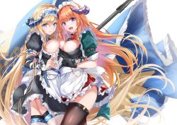Rule 34 | 2girls, alternate costume, apron, arknights, bagpipe (arknights), black gloves, black legwear, blonde hair, blue eyes, bow, bowtie, braid, breast press, breasts, cleavage, commentary request, cowboy shot, dragon horns, enmaided, fatkewell, flag, gloves, green shirt, heart, heart hands, heart hands duo, highres, horns, large breasts, long hair, looking at viewer, maid, maid headdress, miniskirt, multiple girls, open mouth, orange hair, purple eyes, saileach (arknights), shirt, simple background, skirt, smile, symmetrical docking, thighhighs, very long hair, white background