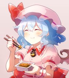Rule 34 | 1girl, 60mai, back bow, bat wings, blue hair, blush, bow, chopsticks, closed eyes, commentary, fang, fang out, food, hat, hat ribbon, holding, holding chopsticks, medium hair, nattou, pink hat, pink shirt, puffy short sleeves, puffy sleeves, red bow, red ribbon, remilia scarlet, ribbon, shirt, short sleeves, simple background, smile, solo, touhou, upper body, wings