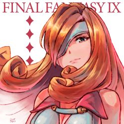Rule 34 | 1girl, bare shoulders, beatrix, breasts, cleavage, closed mouth, copyright name, curly hair, diamond (shape), eyebrows, eyelashes, eyepatch, final fantasy, final fantasy ix, hair intakes, highres, lips, long hair, medium breasts, orange hair, pink eyes, pink lips, reiesu (reis), signature, simple background, sleeveless, solo, text focus, upper body, white background