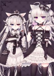 Rule 34 | 2girls, :p, absurdres, alice claudia, animal ears, black gloves, black legwear, candy, cat ears, cat girl, choker, dress, female focus, food, gloves, gothic lolita, grey hair, hairband, heart, heterochromia, highres, jewelry, lolita fashion, lollipop, lolo noel, long hair, multiple girls, necklace, thighhighs, tongue, tongue out, tsukikage nemu, twintails