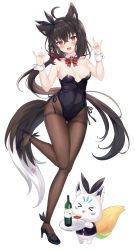 Rule 34 | 1girl, ahoge, animal ears, bare shoulders, black footwear, black hair, black leotard, blush, breasts, cleavage, commentary request, covered navel, crossed bangs, detached collar, embarrassed, fox ears, fox girl, fox shadow puppet, fox tail, full body, hairband, high heels, highres, hololive, kurokami fubuki, leotard, long hair, low ponytail, medium breasts, multiple girls, neck ribbon, open mouth, pantyhose, playboy bunny, red eyes, retsuto, ribbon, simple background, smile, standing, standing on one leg, tail, thigh gap, thighband pantyhose, very long hair, virtual youtuber, white background, wrist cuffs