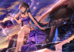 Rule 34 | 1girl, absurdly long hair, bare arms, black footwear, black hair, blue eyes, blue hair, bolinger, book, breasts, cleavage, collarbone, dress, floating, floating book, floating object, highres, holding, holding wand, instrument, long hair, medium breasts, multicolored hair, open mouth, original, outdoors, piano, purple dress, short dress, sitting, sky, solo, star (sky), starry sky, thighhighs, twilight, twintails, two-tone hair, very long hair, wand, white thighhighs