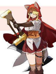 Rule 34 | ara taro, blonde hair, boots, breasts, brown footwear, brown thighhighs, cleavage, cloak, closed mouth, commentary, green eyes, hair over one eye, highres, holding, holding weapon, hood, hood up, hooded cloak, knee boots, medium breasts, original, pink background, pleated skirt, red cloak, red skirt, shirt, skirt, solo, standing, thighhighs, thighhighs under boots, two-tone background, weapon, weapon request, white background, white shirt