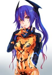 Rule 34 | &gt;:(, 1girl, bad id, bad pixiv id, blue hair, blush, bodysuit, breasts, brown eyes, closed mouth, covered navel, cowboy shot, frown, gradient hair, hair between eyes, headgear, highres, long hair, looking at viewer, multicolored hair, orange bodysuit, phantasy star, phantasy star online 2, quna (pso2), red hair, shimotsuki shio, skin tight, small breasts, solo, twintails, v-shaped eyebrows, zelsius