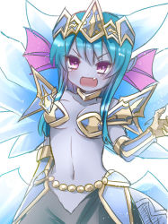 Rule 34 | 1girl, bare shoulders, blue hair, blue skin, colored skin, fang, frost demon (p&amp;d), headband, hellice frost demon (p&amp;d), hoshino (nia hoshino), long hair, looking at viewer, navel, open mouth, purple eyes, puzzle &amp; dragons, smile, solo