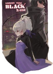 Rule 34 | 1boy, 1girl, bad id, bad pixiv id, black eyes, black hair, breasts, closed mouth, coat, copyright name, darker than black, dress, expressionless, grey hair, hands in pockets, hei (darker than black), long sleeves, ponytail, profile, purple dress, red eyes, short hair, small breasts, suisogenshi, yin (darker than black)