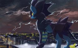 Rule 34 | building, city, cloud, colored sclera, commentary request, creatures (company), game freak, gen 4 pokemon, lightning, luxray, nintendo, no humans, outdoors, pokemon, pokemon (creature), red sclera, solo, standing, uninori, yellow eyes