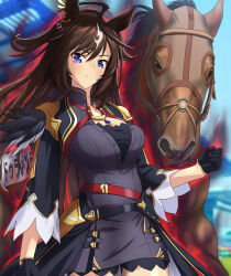 Rule 34 | 1girl, absurdres, ahoge, animal ears, aura, blue eyes, blurry, blurry background, breasts, cheesecake (artist), cleavage, clenched hand, closed mouth, cloud, creature and personification, duramente (racehorse), duramente (umamusume), gloves, hair ornament, highres, horse, horse ears, horse girl, horse tail, long hair, looking at viewer, medium breasts, real life, solo, staring, tail, umamusume, uniform